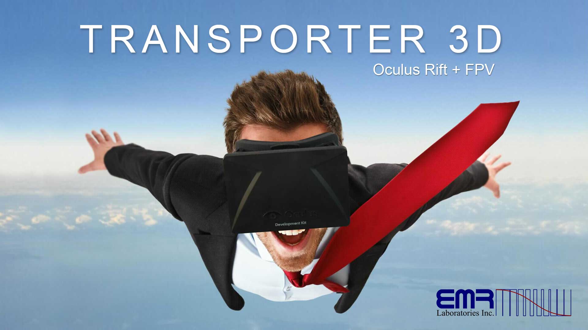 Man flying while wearing an oculus rift